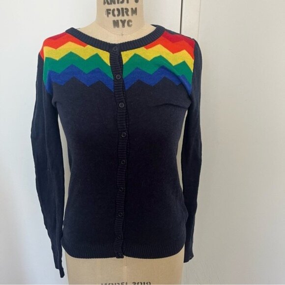 MODCLOTH Navy/Rainbow Chevron Women's Cardigan Sweater Size Small - Picture 1 of 4